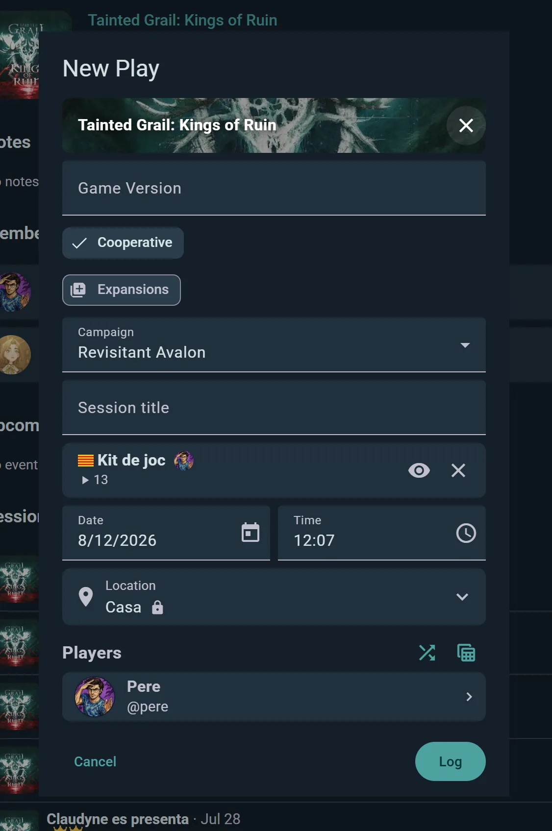 The log-a-play dialog with game, players and scores