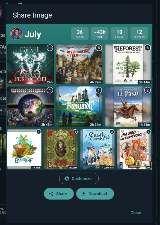 Monthly play summary showing title, totals, and game grid