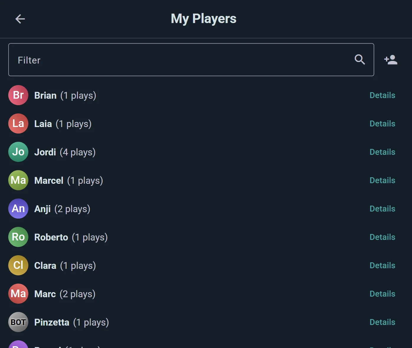 My Players in Settings: every saved player with their play count, ready to reuse or merge