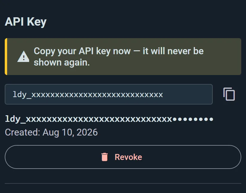 A freshly generated API key, shown once with a copy button and a Revoke action