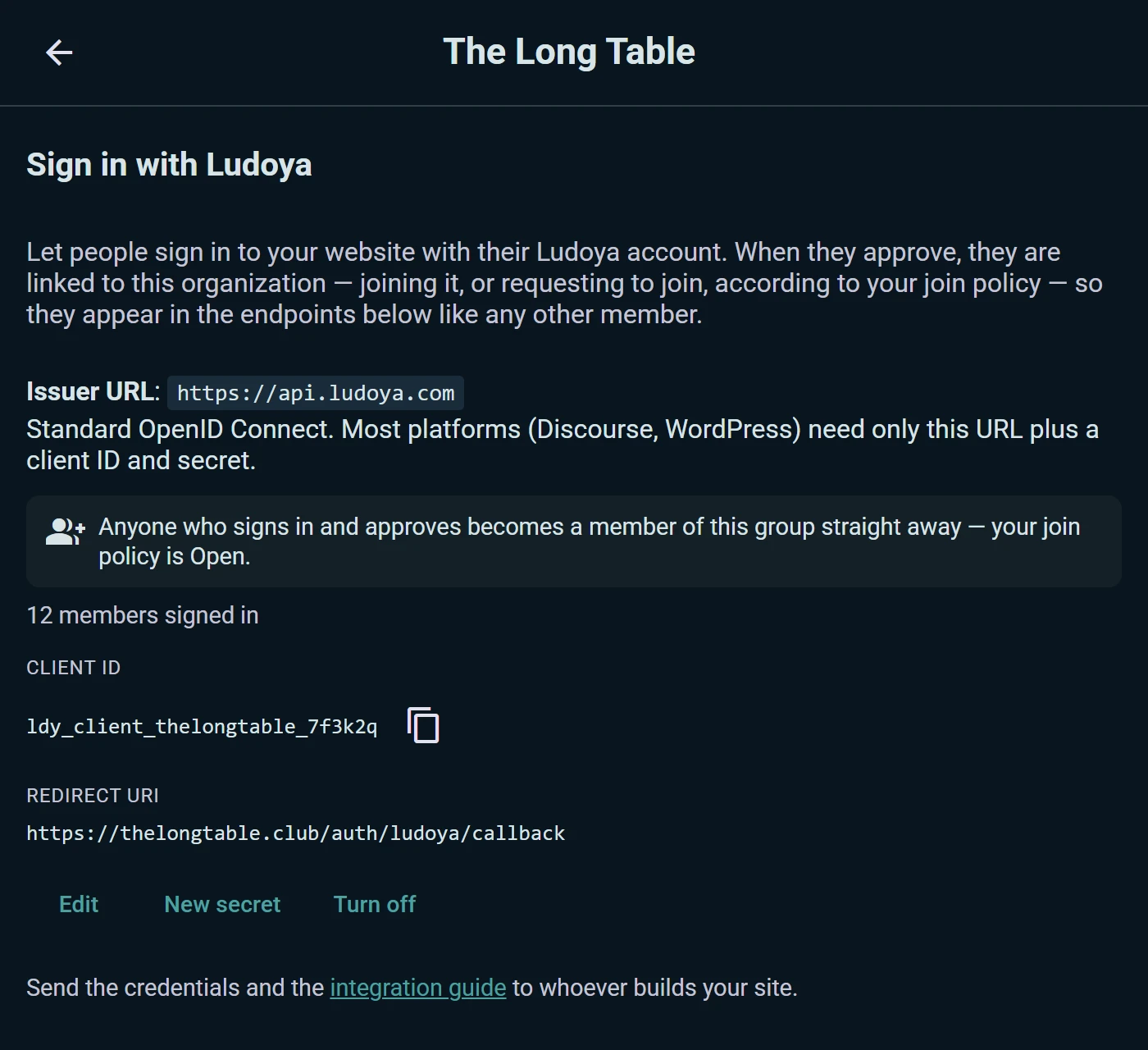The Sign in with Ludoya section: the issuer URL standard OpenID Connect needs, and the set-up action beside it