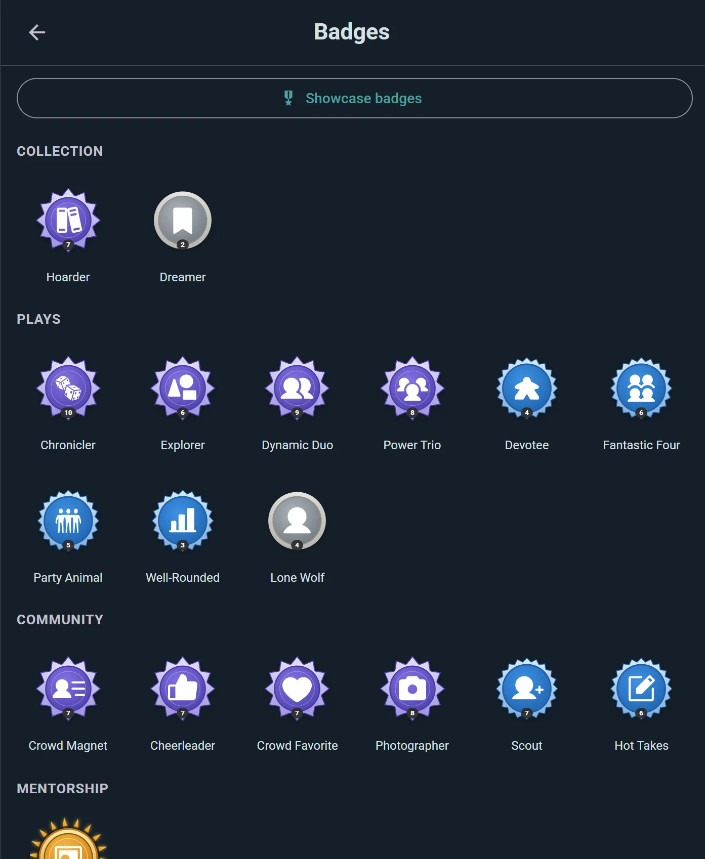 A player’s badge collection with earned milestones
