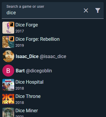 Search bar with results across games and people