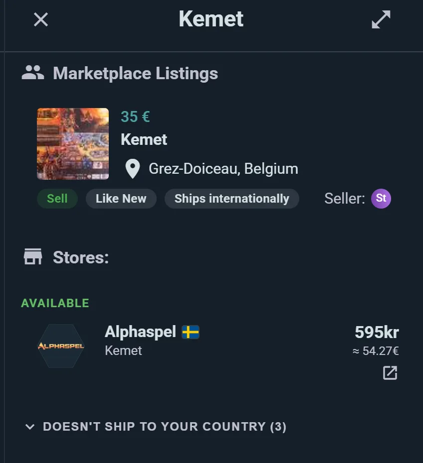 A game's Marketplace section: a second-hand listing first, then store offers, with shops that can't ship to you folded away