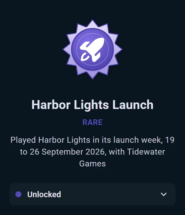 A sponsor’s launch-week badge on a player’s profile: Harbor Lights Launch, rare, earned by playing it from 19 to 26 September