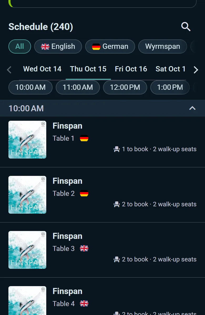 A demo stand’s sessions, with seats booked and kept for walk-ups