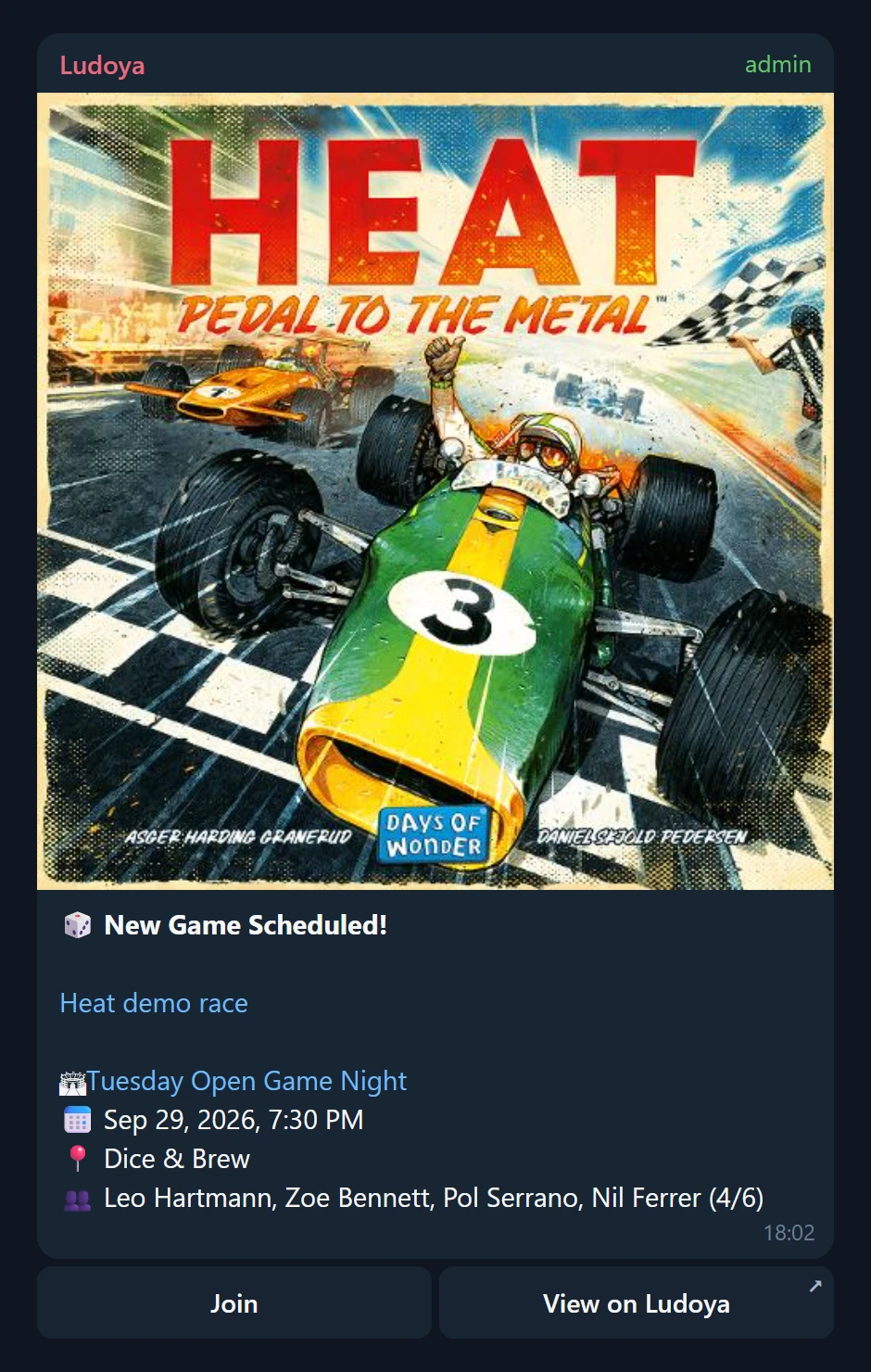 The Ludoya bot posting a scheduled game into the club's Telegram channel, with Join and View buttons