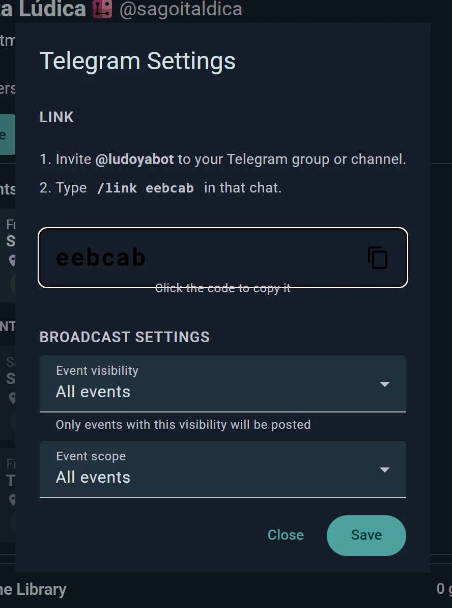 Telegram integration settings connecting a club channel to Ludoya