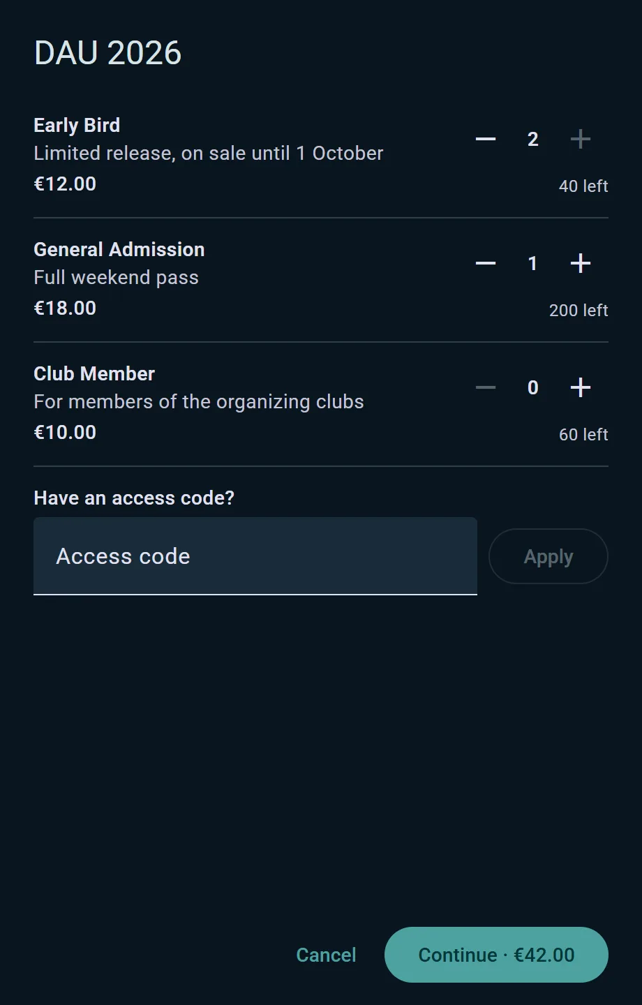 The Get Tickets sheet: three ticket types with quantity steppers, stock left and the total on the Continue button