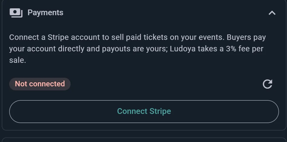 The Payments card: connect a Stripe account, buyers pay you directly, Ludoya takes a 3% fee per sale