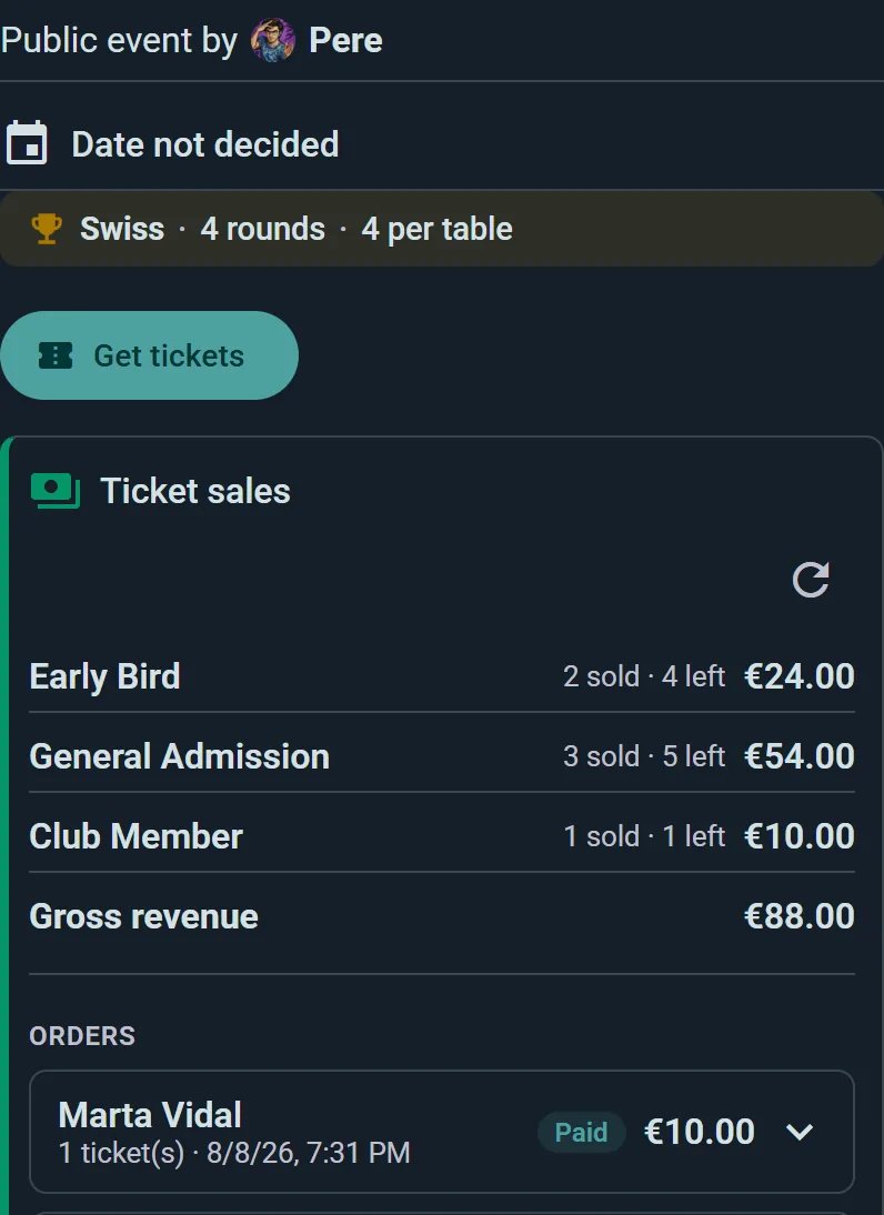 A live ticket sales panel — Early Bird and General Admission counts, gross revenue, a paid order
