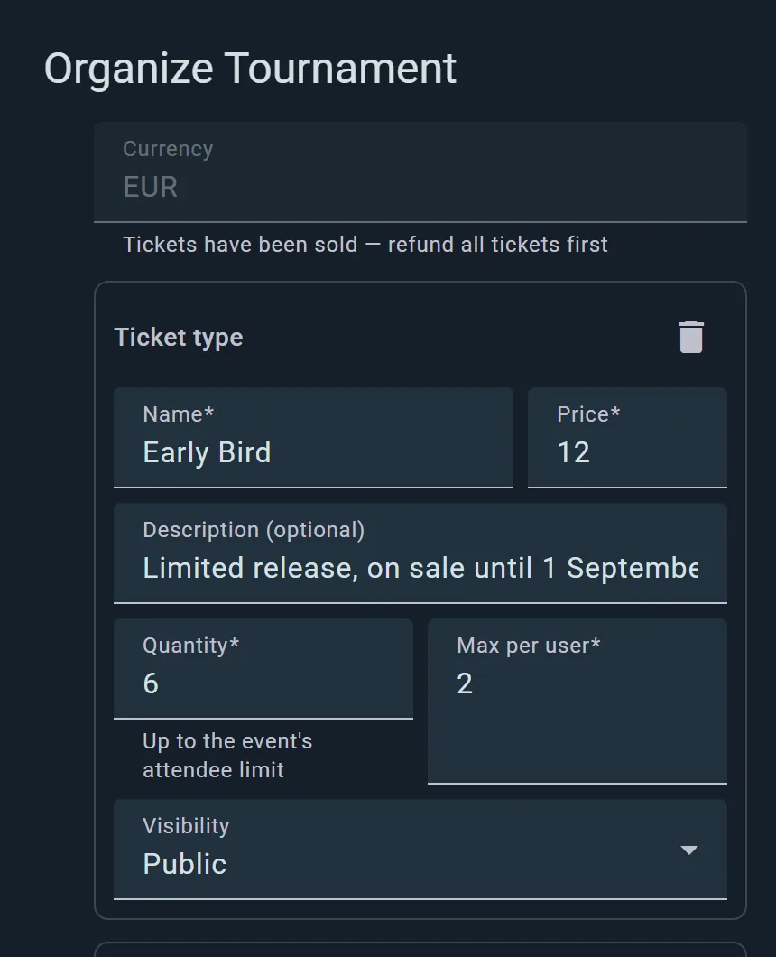 Editing ticket types and prices for a paid event