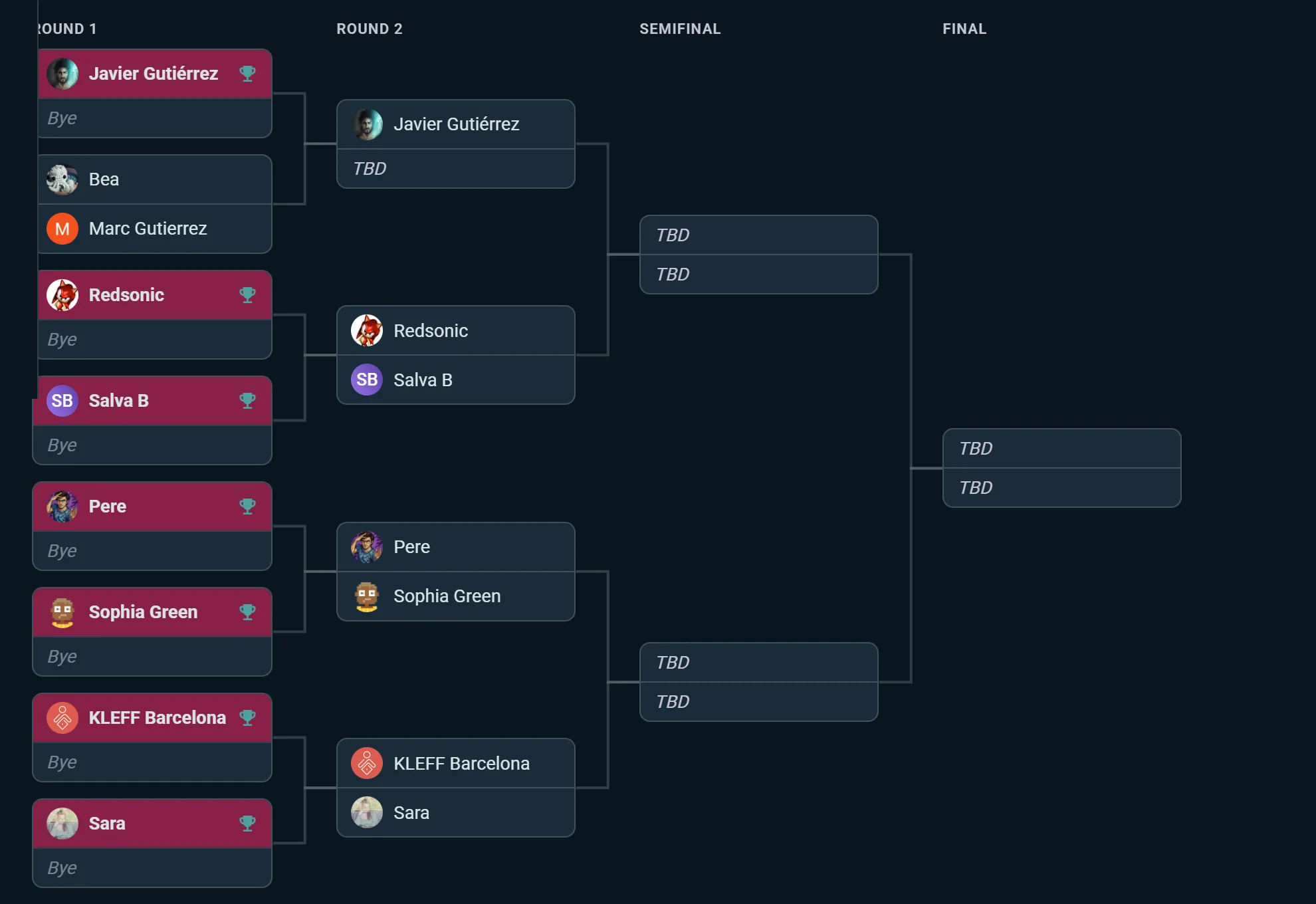 A single-elimination bracket drawn on screen — round one to the final, byes resolved
