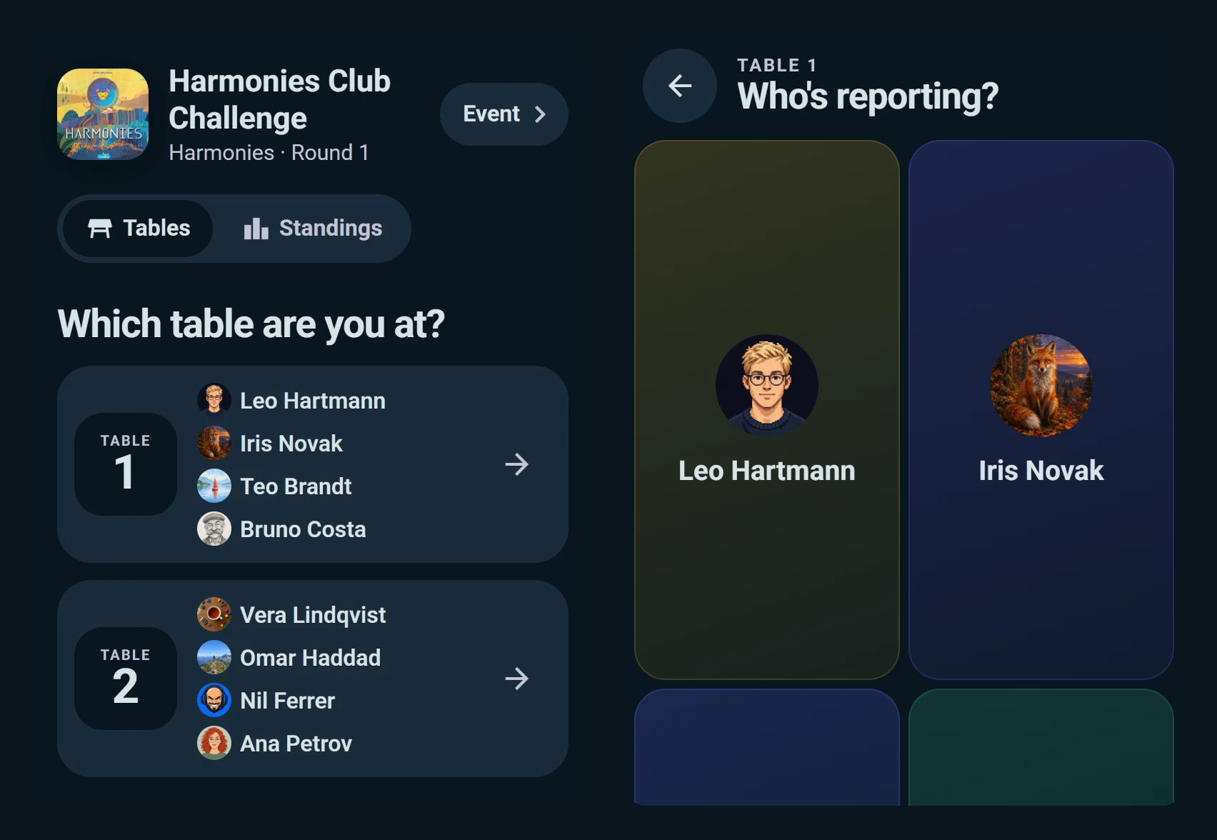 The reporting link on a phone: pick your table, then say who is reporting