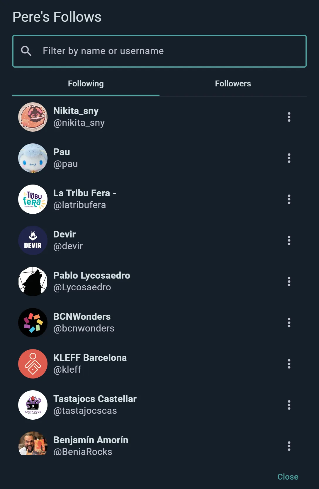 The Following / Followers list: two tabs, a search filter, and follow, unfollow or block on each person