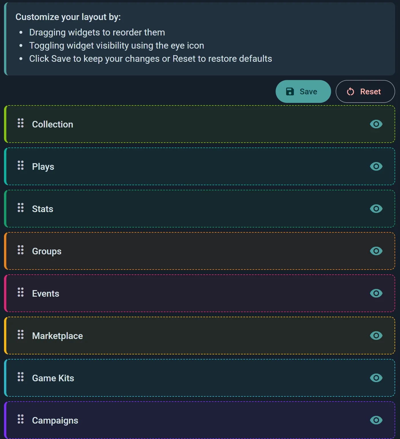 Editing a profile layout with widgets