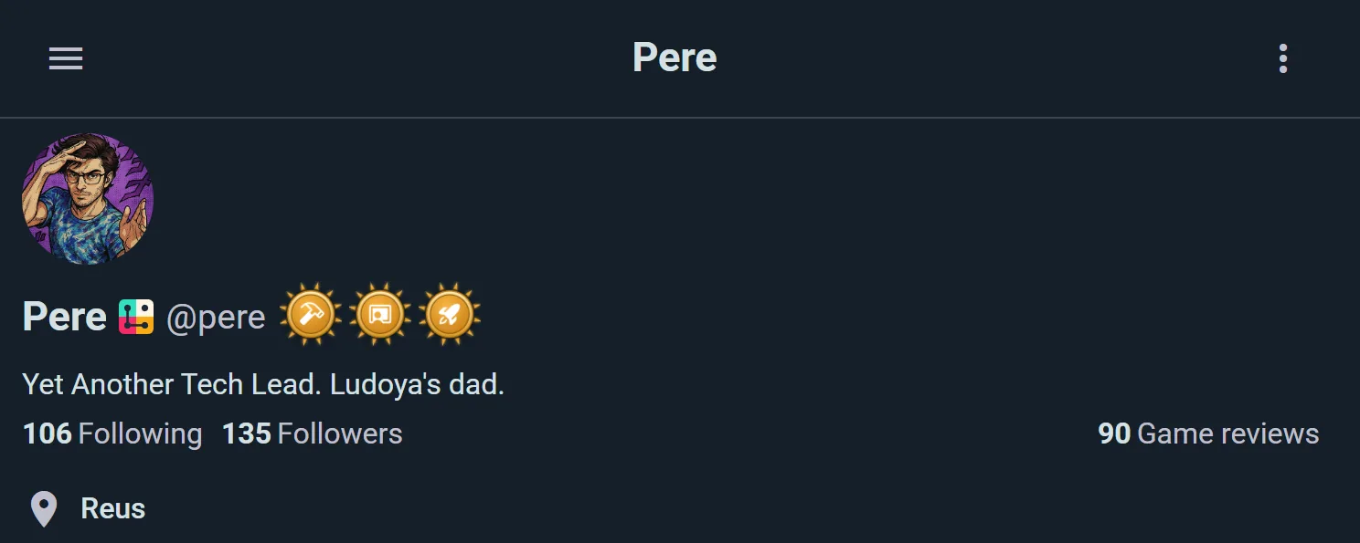 Profile header: avatar, name, the three showcase badges, bio, follower counts and location