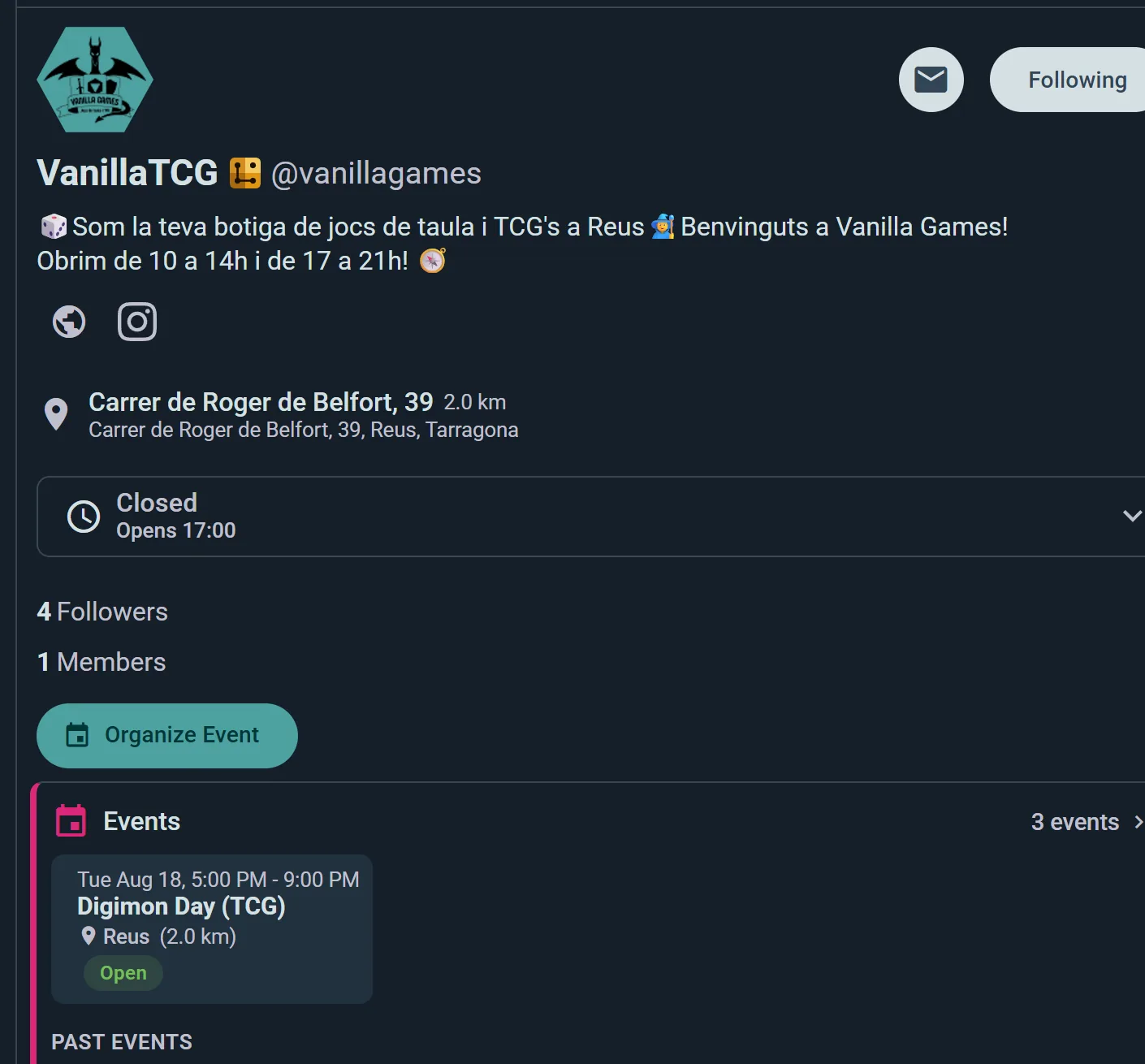 A shop profile with address, opening hours and its next event